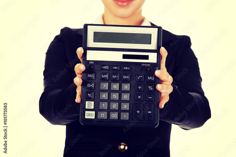 Young smile businesswoman show calculator Young smile businesswoman show calculator