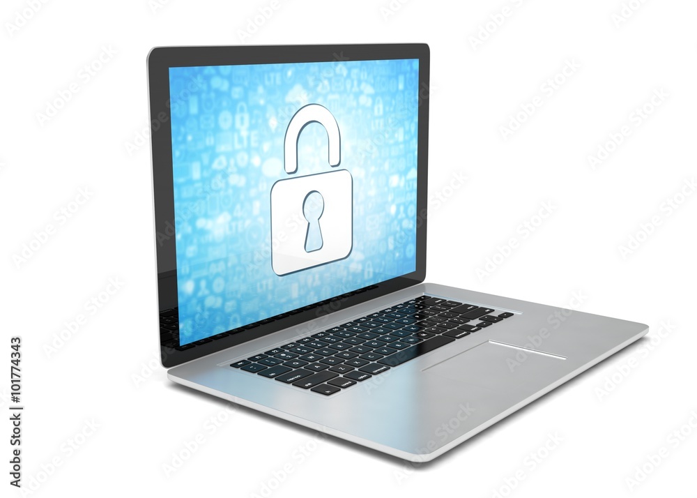 3d rendering of a laptop with security concept 3d rendering of a laptop with security concept