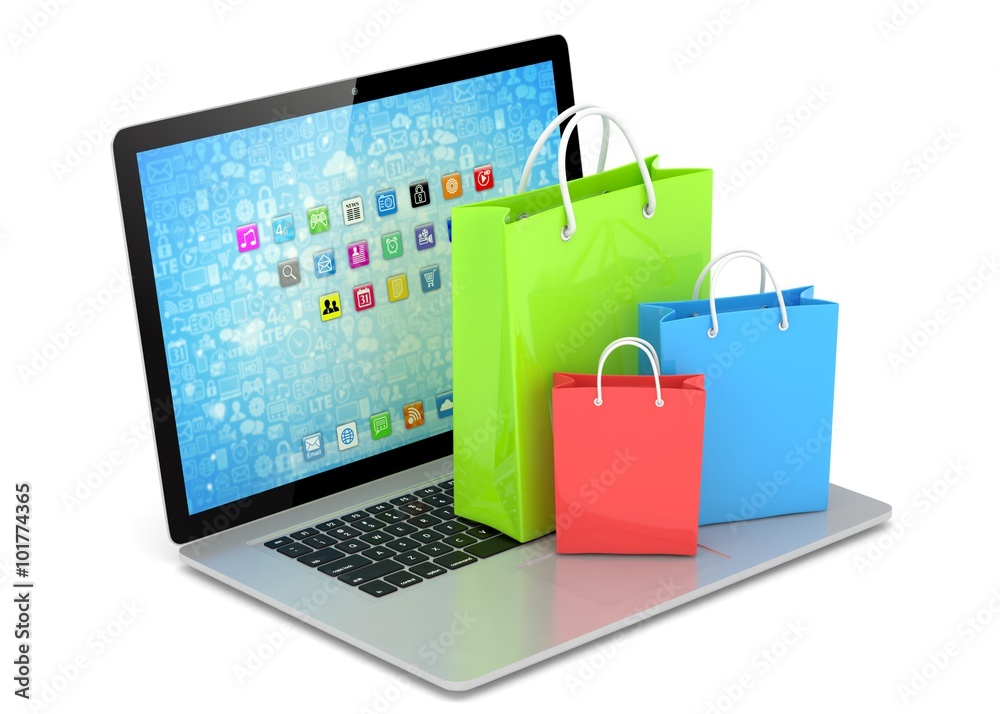 laptop and shopping pags on white background laptop and shopping pags on white background