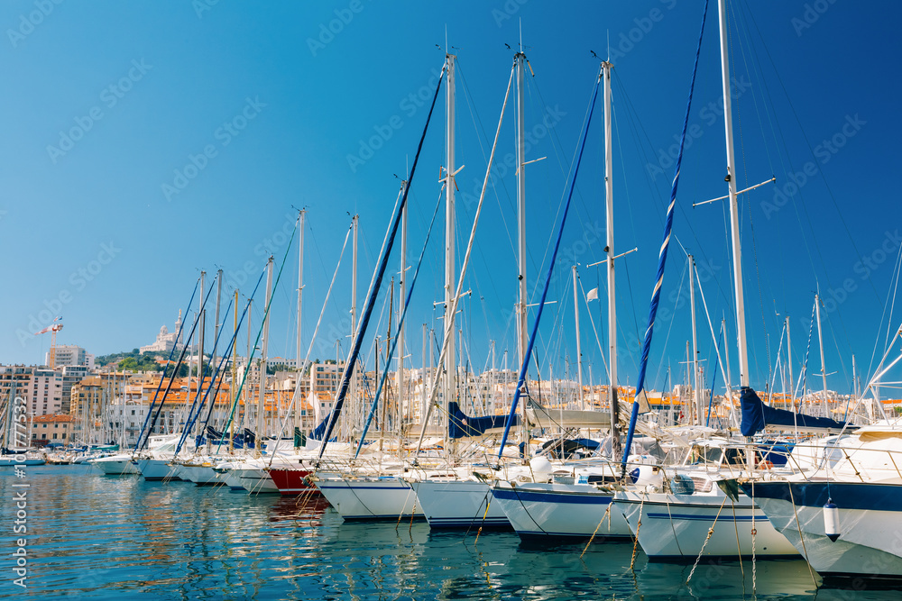 Yachts Are Moored At City Pier, Jetty, Port In Marseille, France
