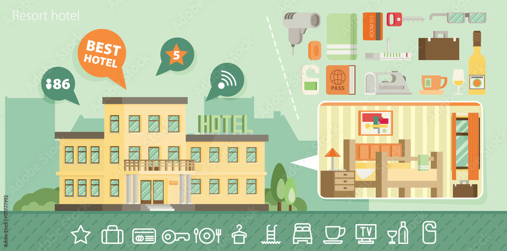 Hotel building in summer vacation, best choise. Flat vector.