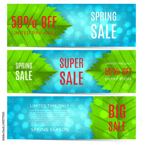 Collection of spring sale banners. Elegant spring templates of banners with green leafs. Vector illustration.