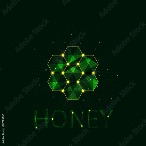 Abstract honeycomb logo on green background. Honey design concept. Creative emerald comb icon with luminous nodes at the intersections of the ribs. Honey producer logo. Isolated vector illustration.