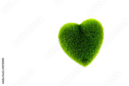 Green grass in heart shape - selective focus in white isolated background