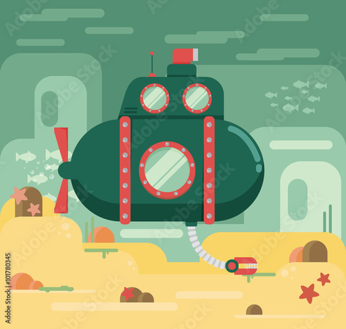 Submarine under water concept vector flat illustration