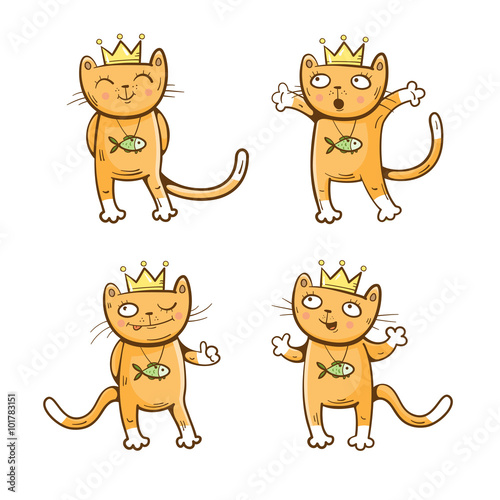 Cartoon kings cats set. Vector image.