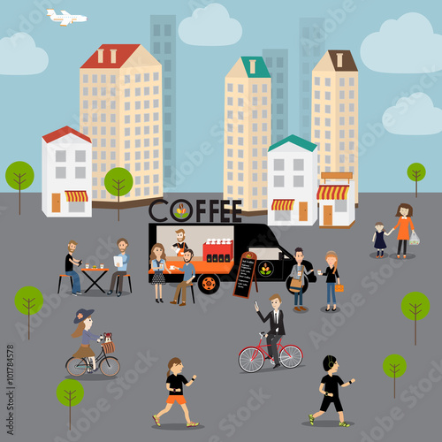 People meeting in the coffee food truck in the city .illustrator