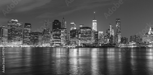 Black and white picture of Manhattan at night, New York City, USA