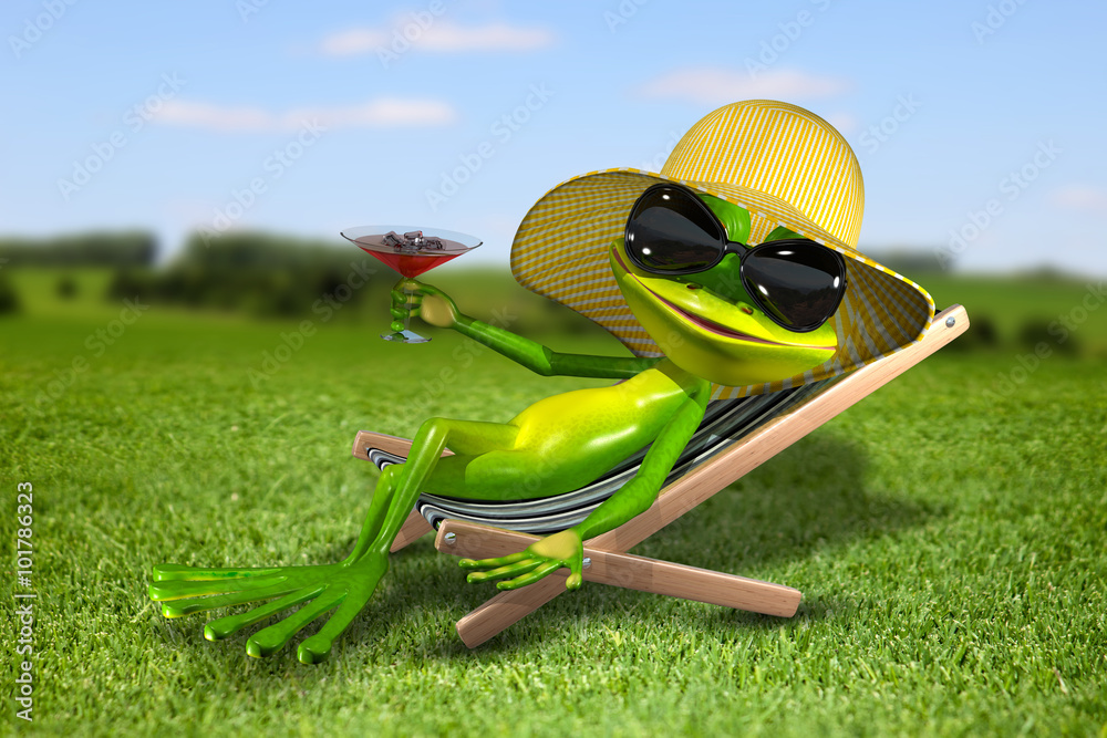 Fotografie Frog in a deck chair on the grass