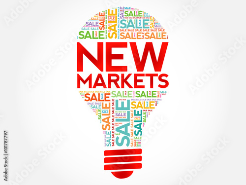 New Markets bulb word cloud, business concept background