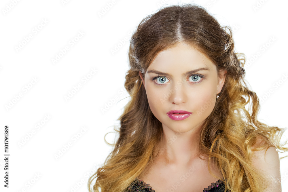 Beauty portrait of young blonde woman, isolated on white backgro Beauty portrait of young blonde woman, isolated on white backgro
