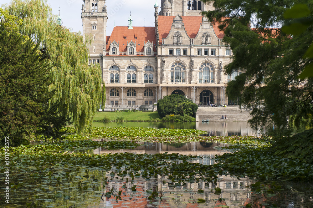 Reflection in lake of City hall in Hanover at summer day Reflection in lake of City hall in Hanover at summer day