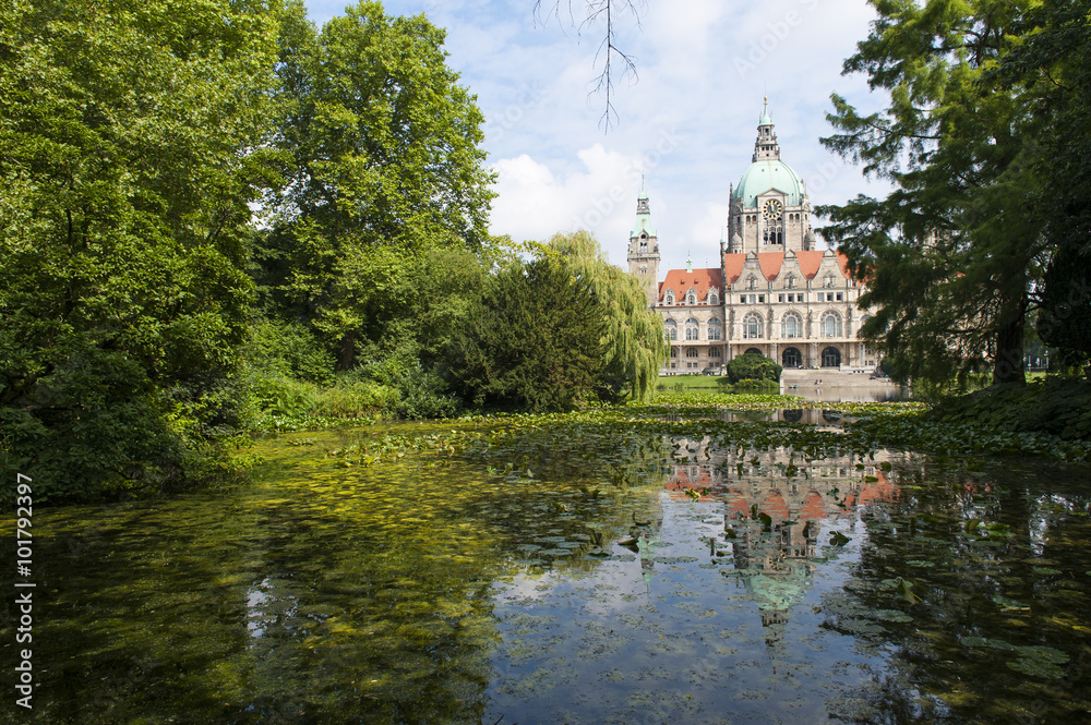 Reflection in lake of City hall in Hanover at summer day Reflection in lake of City hall in Hanover at summer day