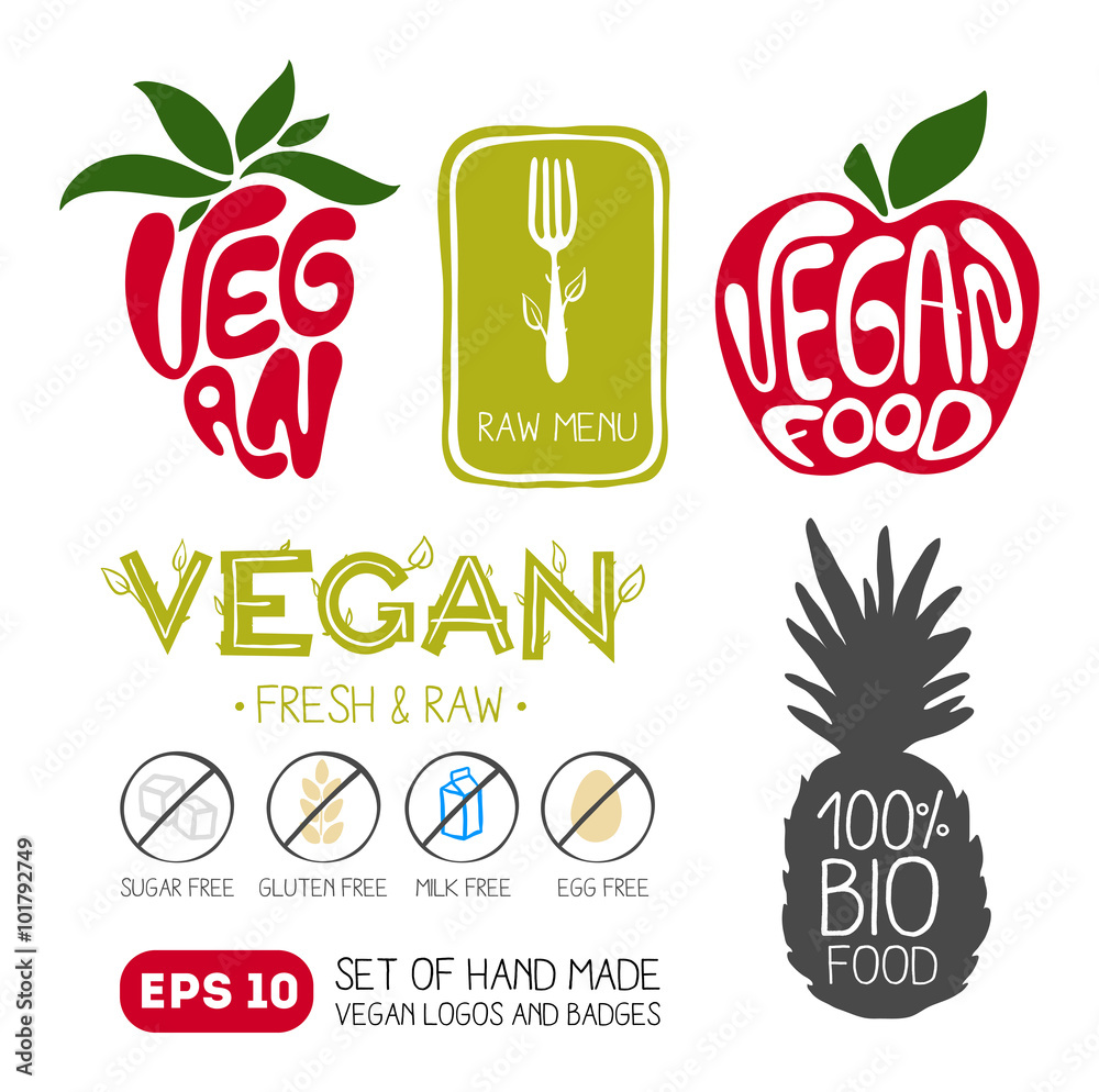 Hand Drawn Vegan Food Emblems, Labels, Logos and Design Elements. Set of Vector Badges and Stamps.