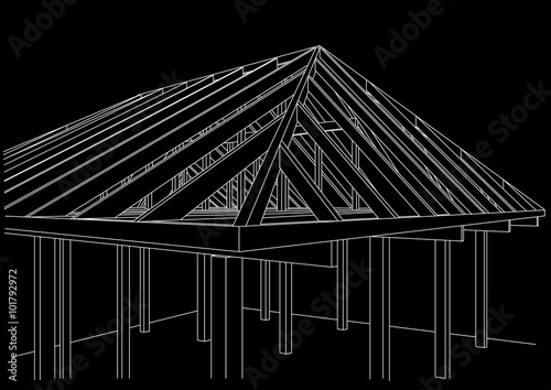 Linear architectural sketch wood frame house on black background