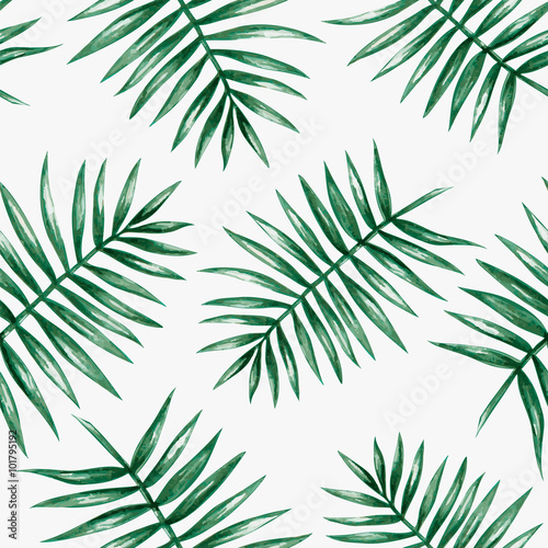 Watercolor tropical palm leaves seamless pattern. Vector illustration.