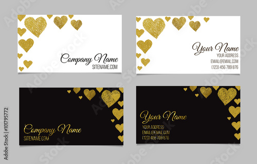 Business card template or visiting card set with golden foil heart shape design. 