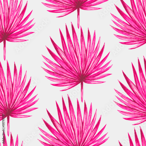 Watercolor tropical pink palm leaves seamless pattern. Vector illustration.