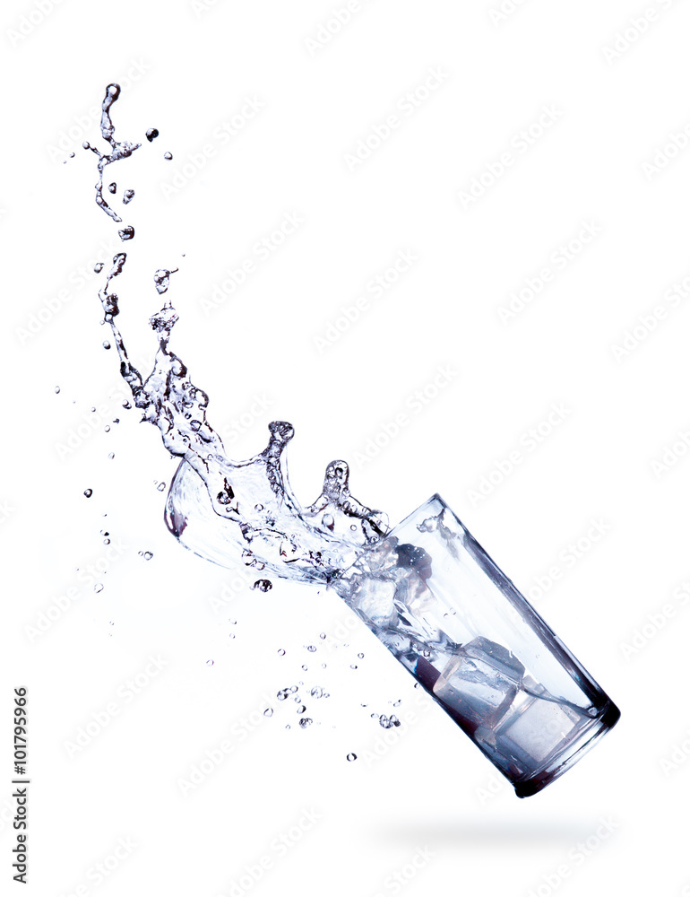 glass and Cubes ice of splashing drinking water on white glass and Cubes ice of splashing drinking water on white
