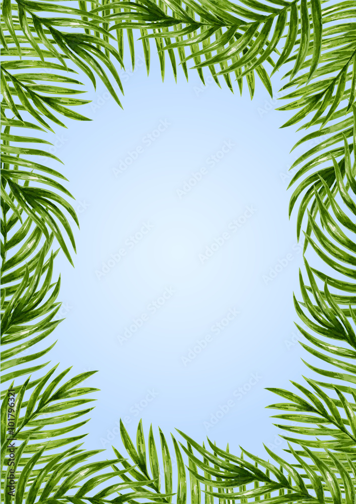 Palm leaves background. Tropical greeting card.
