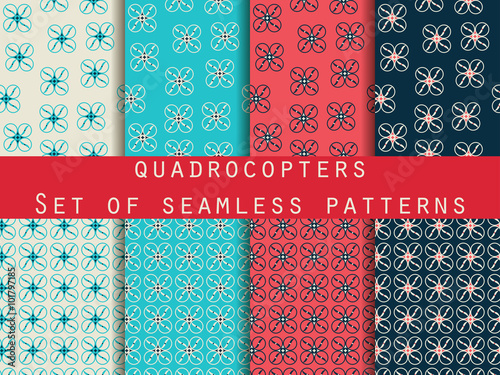Quadrocopter, drone. Unmanned aerial vehicle. Set of seamless patterns. Pattern for wrapping paper, wallpaper, tiles, fabrics, backgrounds. Vector illustration.