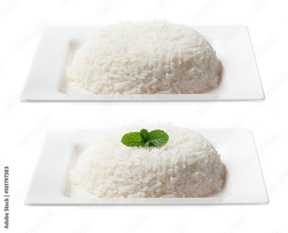 bowl full of rice with mint on white background