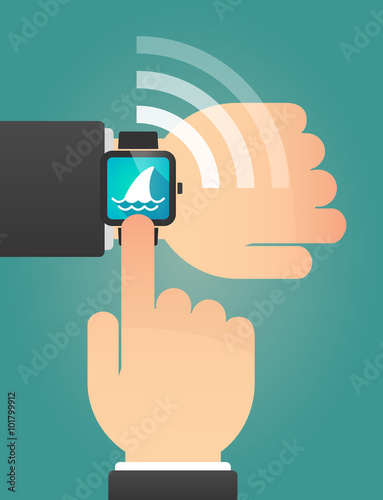 Hand pointing a smart watch with a shark fin