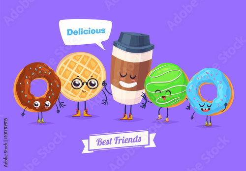 Set of breakfast characters. Vector cute cartoons 