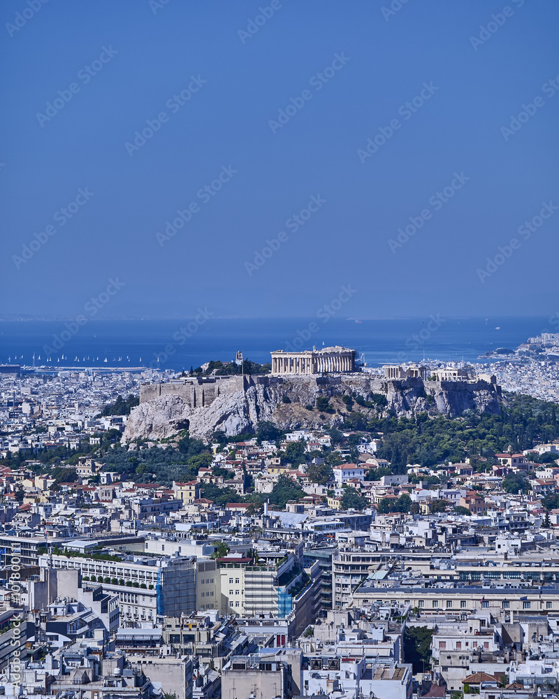 Parthenon ancient Greek temple on acropolis and Athens cityscape