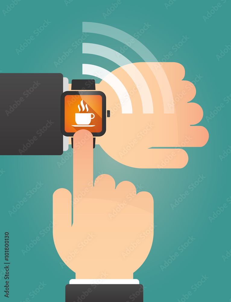 Hand pointing a smart watch with a cup of coffee Hand pointing a smart watch with a cup of coffee