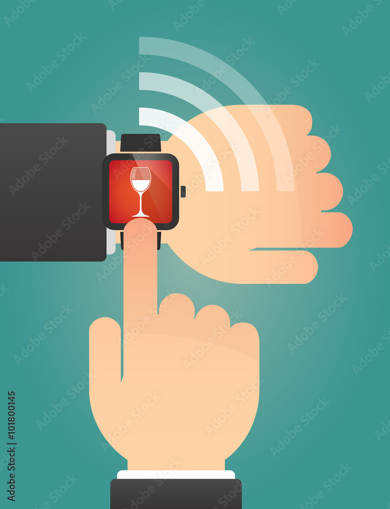 Hand pointing a smart watch with a cup of wine Hand pointing a smart watch with a cup of wine