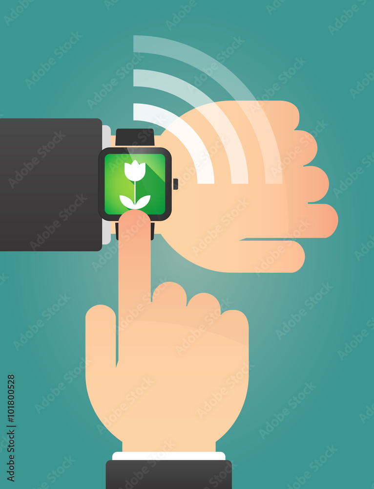 Hand pointing a smart watch with a tulip Hand pointing a smart watch with a tulip