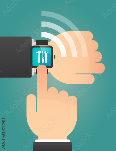 Hand pointing a smart watch with a tool set