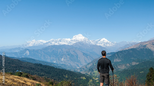 Hiker enjoying the views of the Himalayan mountains