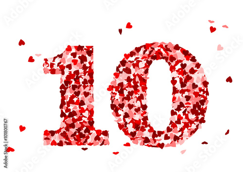Die Zahl 10 aus roten Herzen