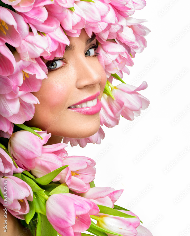 Beauty Spring Girl with Flowers Hair Style.  Spring Flower. Pink
