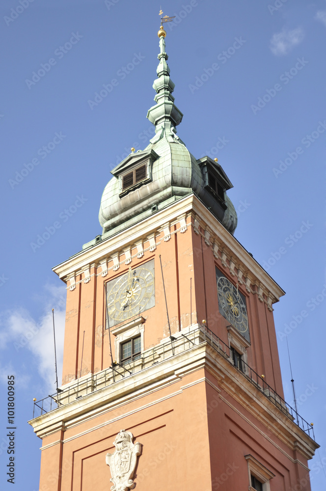 Detail of the tower of the Warsaw Royal Castle. It is a neoclassical-baroque palace located in the old part of Warsaw (Poland)