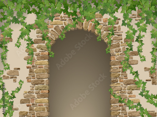 Arch of stones and hanging ivy. Entrance to the cave or cellar wreathed with  vines.