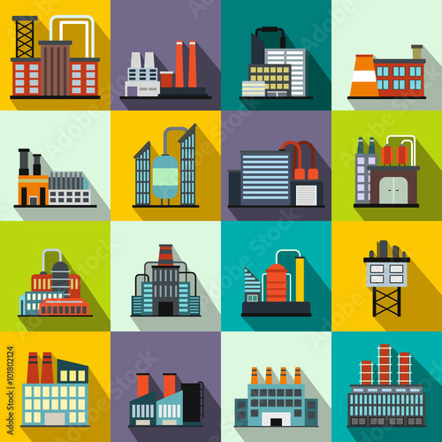 Industrial building factory flat icons