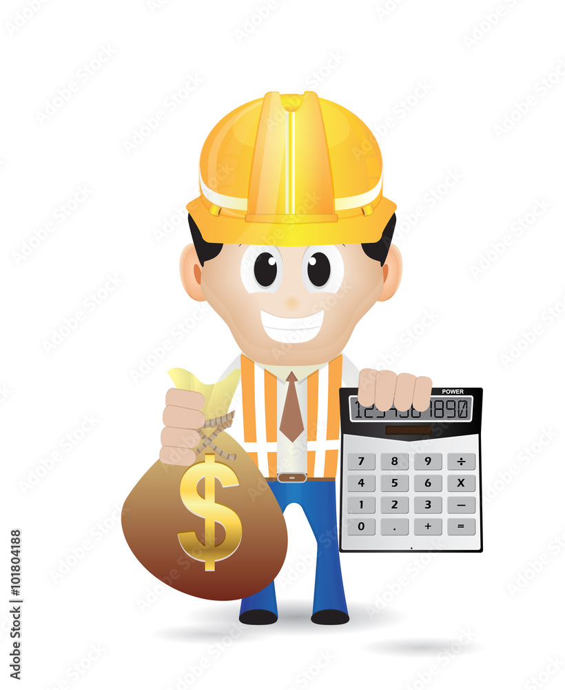 construction character holding calculator and money bag construction character holding calculator and money bag
