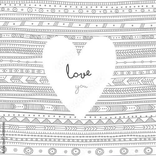 Vector Love You card with white heart on ethnic tribal style orn