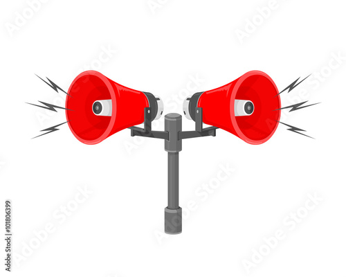 A vector illustration of speakers sounding a warning or siren. 
Announcement communication or warning from a siren or speakers. 