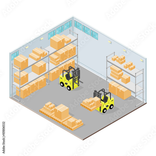Vector illustration Isometric warehouse Interior. Industrial building - with forklift and storage boxes. 