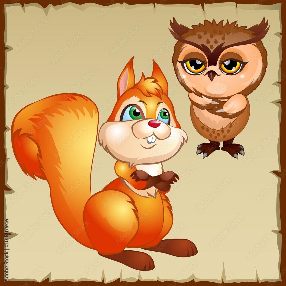 Fotografie Orange squirrel and brown owl, cartoon characters
