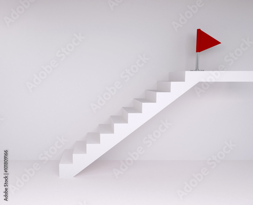 Empty room with ascending stairs to red flag, with floor and wal