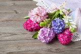 Bunch of colored hyacinths on the table