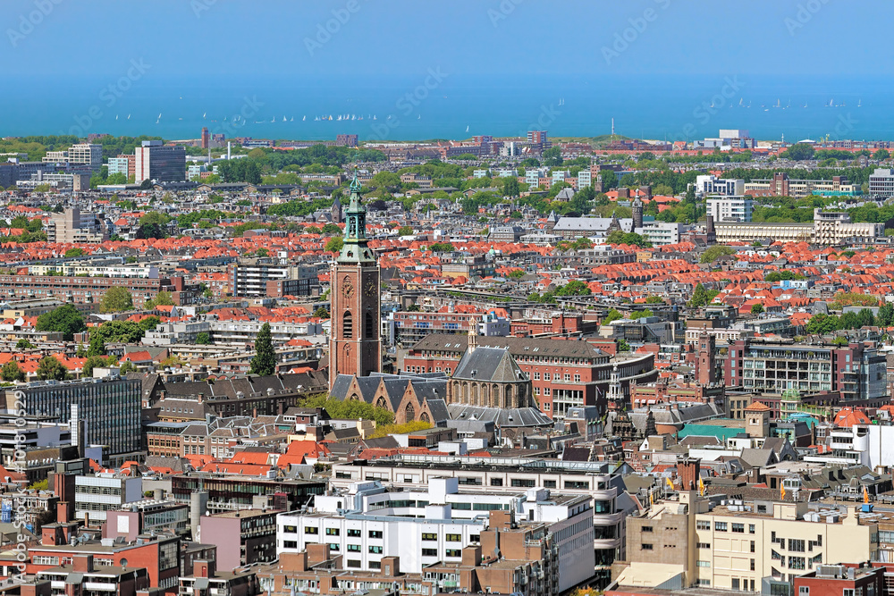 High angle view of The Hague with Grote of Sint-Jacobskerk (Great St. James Church), Netherlands. View from the panoramic terrace on the 42nd floor Het Strijkijzer skyscraper with height of 132 m.