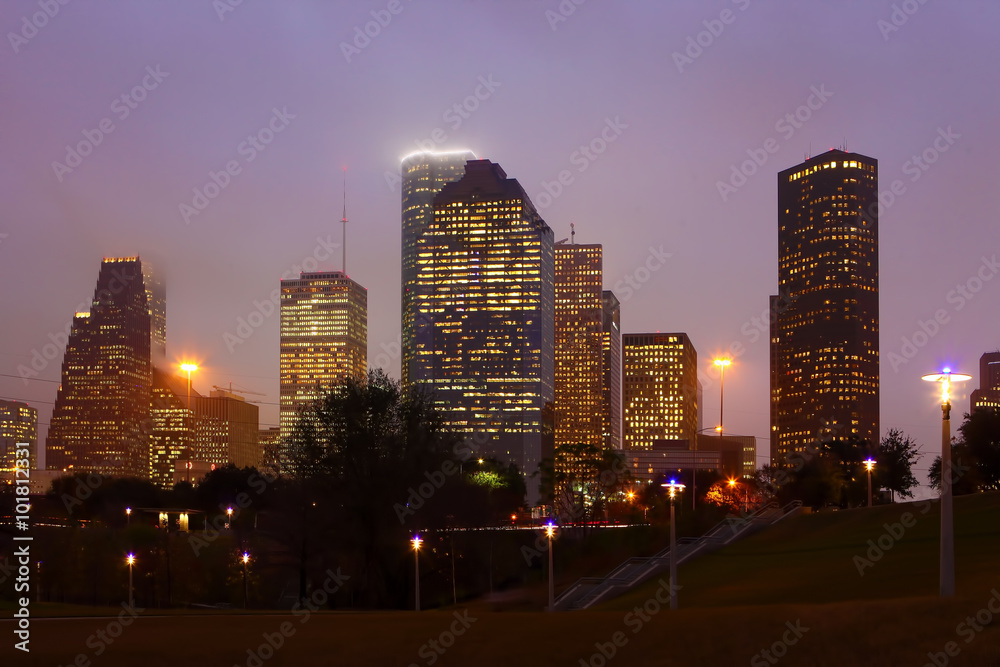 Houston, Texas skyline on a misty night