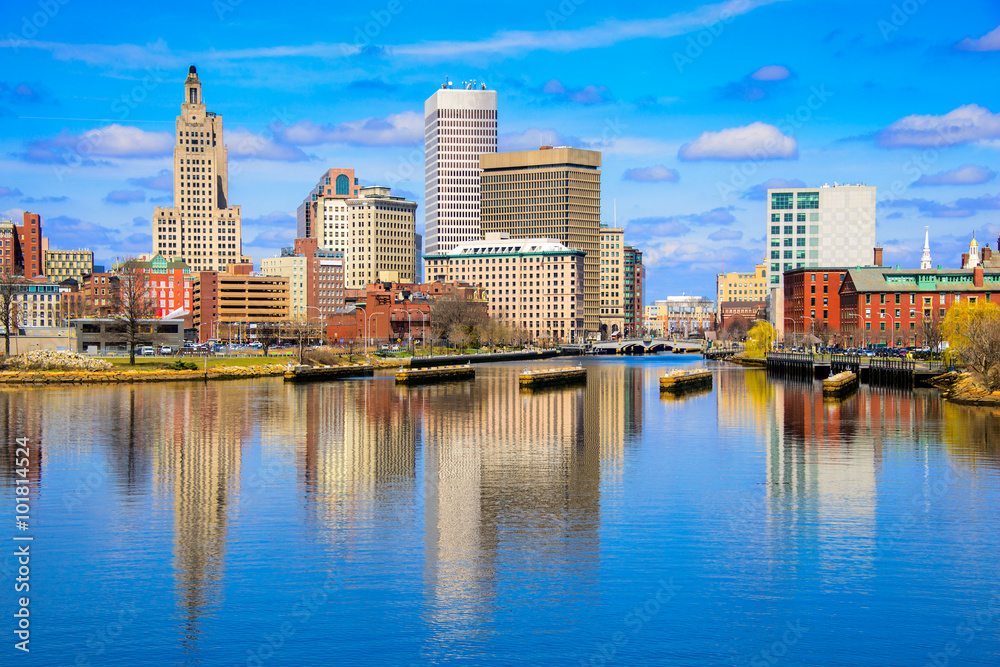 Providence, Rhode Island, USA city skyline on the river.