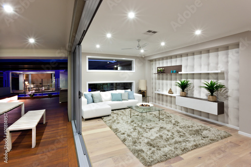 Modern living room lighting with decoration at night